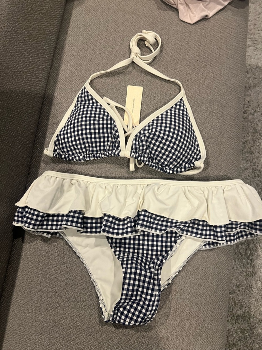 Seamolly Navy Gingham Ruffle Halter Bikini with White Trim